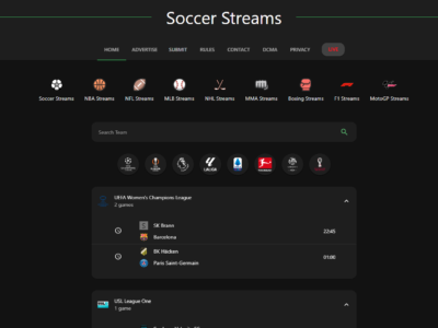 Soccerstreams100 website homepage screenshot
