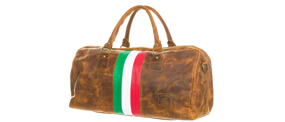 Borsa da viaggio in vero cuoio COMO MAXI, colore NABUK MARRONE, TRICOLORE BANDIERA ITALIANA, CHIAROSCURO, Made in Italy